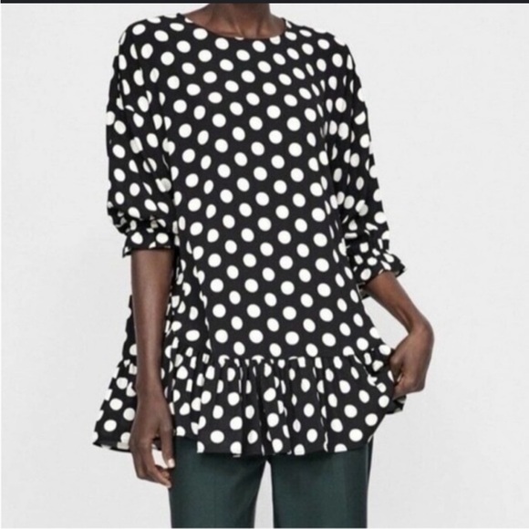 Zara Basic Oversized 3/4 Sleeve Peplum Ruffle Hem Polka Dot blouse size XL - Picture 1 of 6
